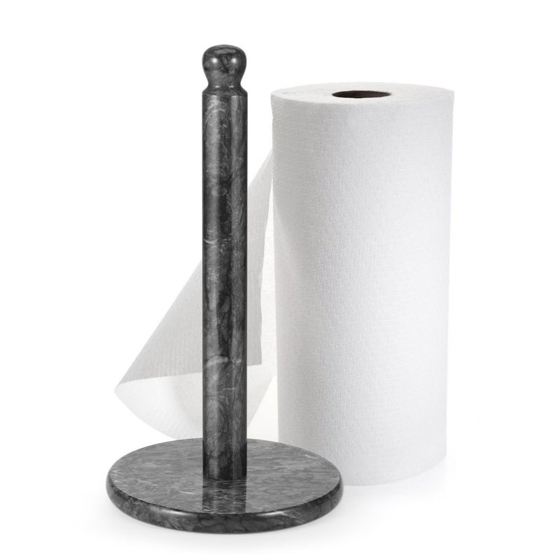 Flexzion Marble Paper Towel Holder 12 inch Black Marble Kitchen Paper Towels Roll Dispenser Stand Rack with Marble Pole and Weight Base for Countertop Tables Home Dining Bathroom Storage