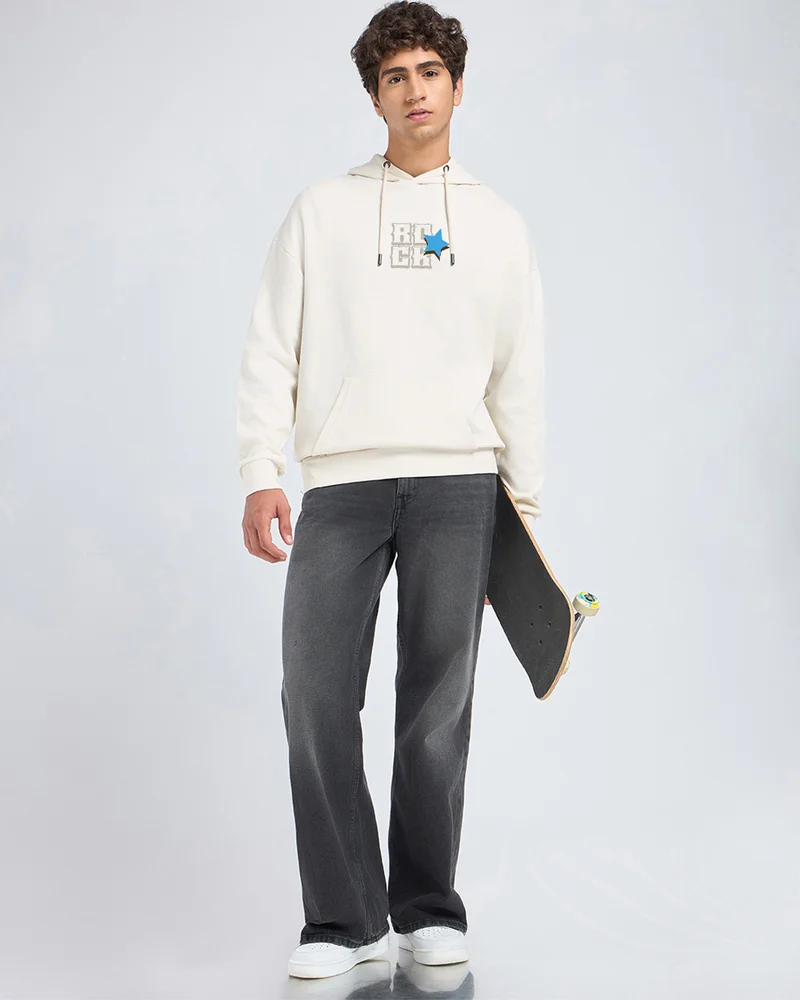 bewakoof  Men's Beige Rock Star Graphic Printed Oversized Hoodies  | Best Price UAE