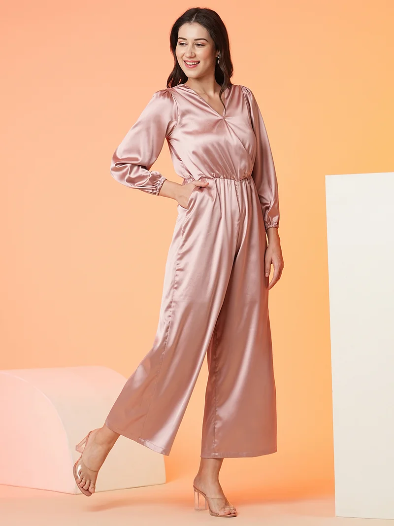 globus Globus Women Taupe V-Neck Basic Jumpsuit