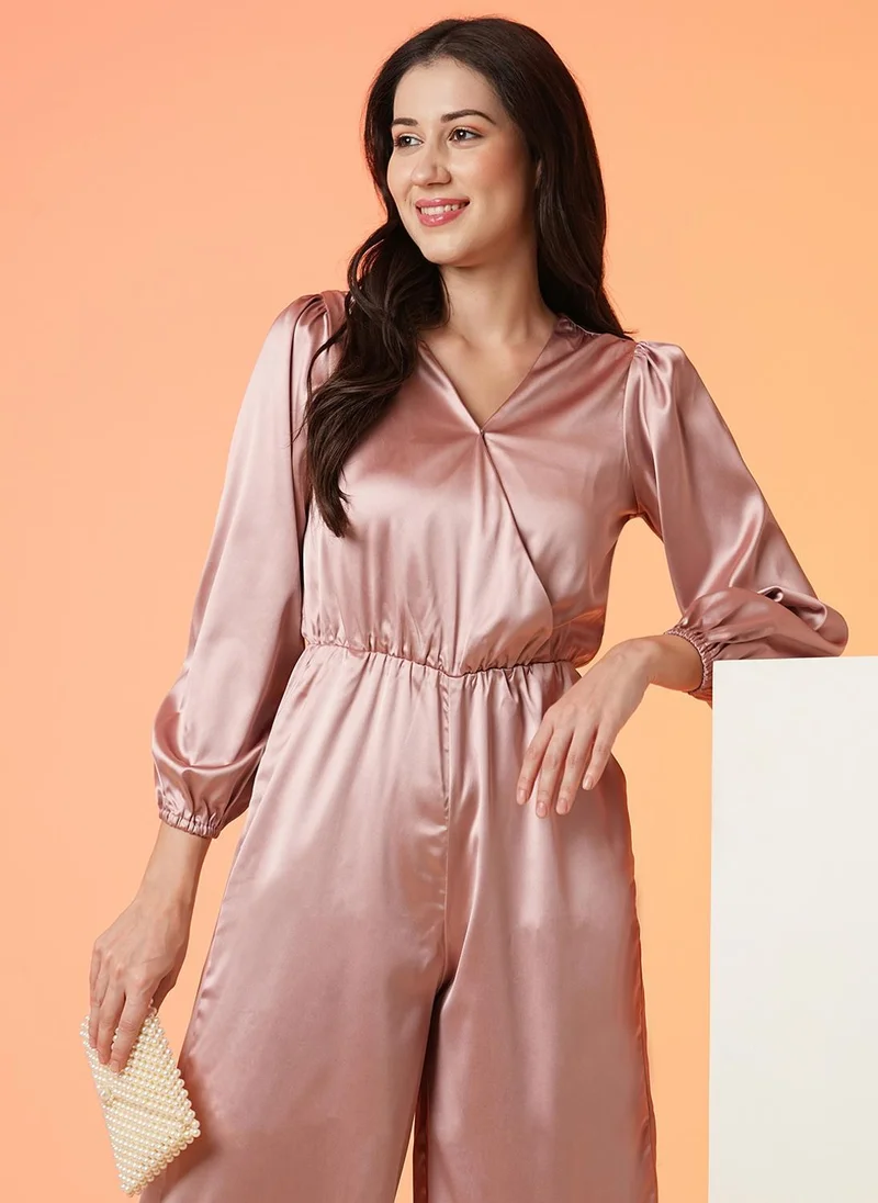 Globus Taupe Globus Women's Taupe Shiny Jumpsuit Party Wear with V Neck and Bishop Sleeves for Women | Best Price UAE