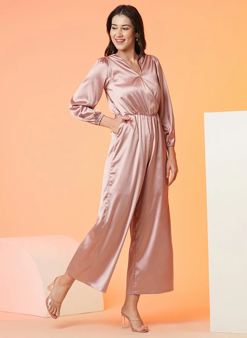 Globus Taupe Globus Women's Taupe Shiny Jumpsuit Party Wear with V Neck and Bishop Sleeves for Women | Best Price UAE