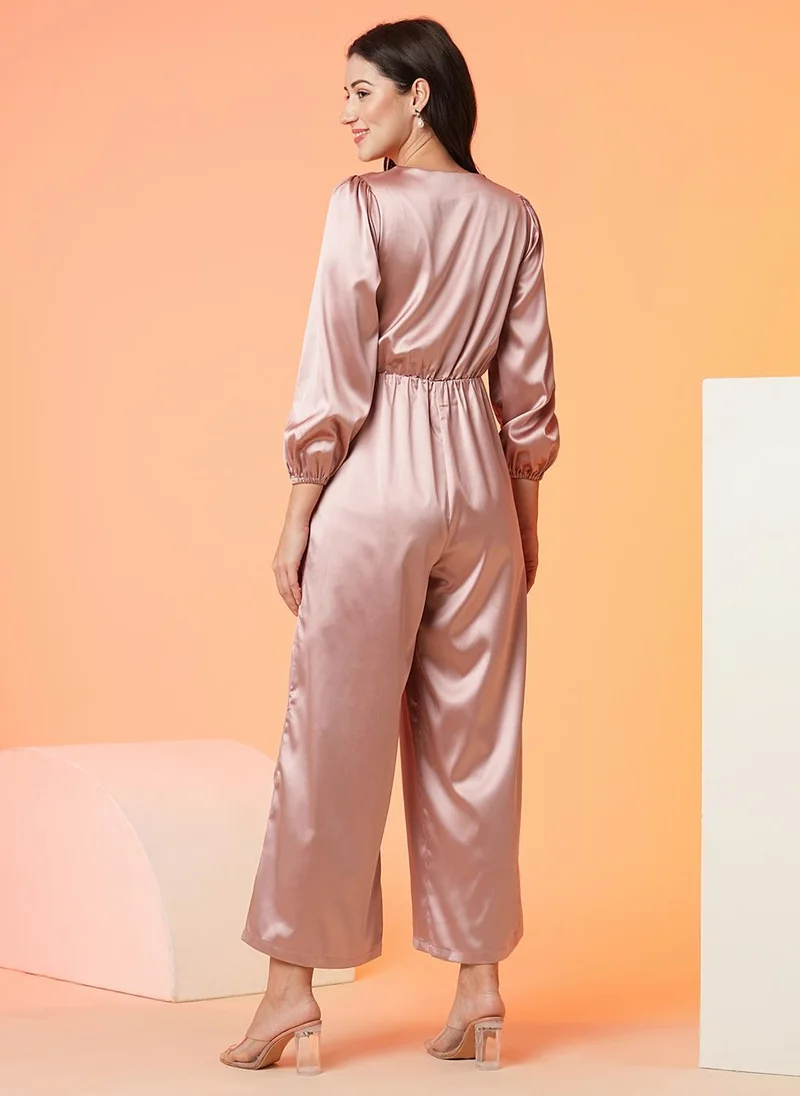 Globus Taupe Globus Women's Taupe Shiny Jumpsuit Party Wear with V Neck and Bishop Sleeves for Women | Best Price UAE