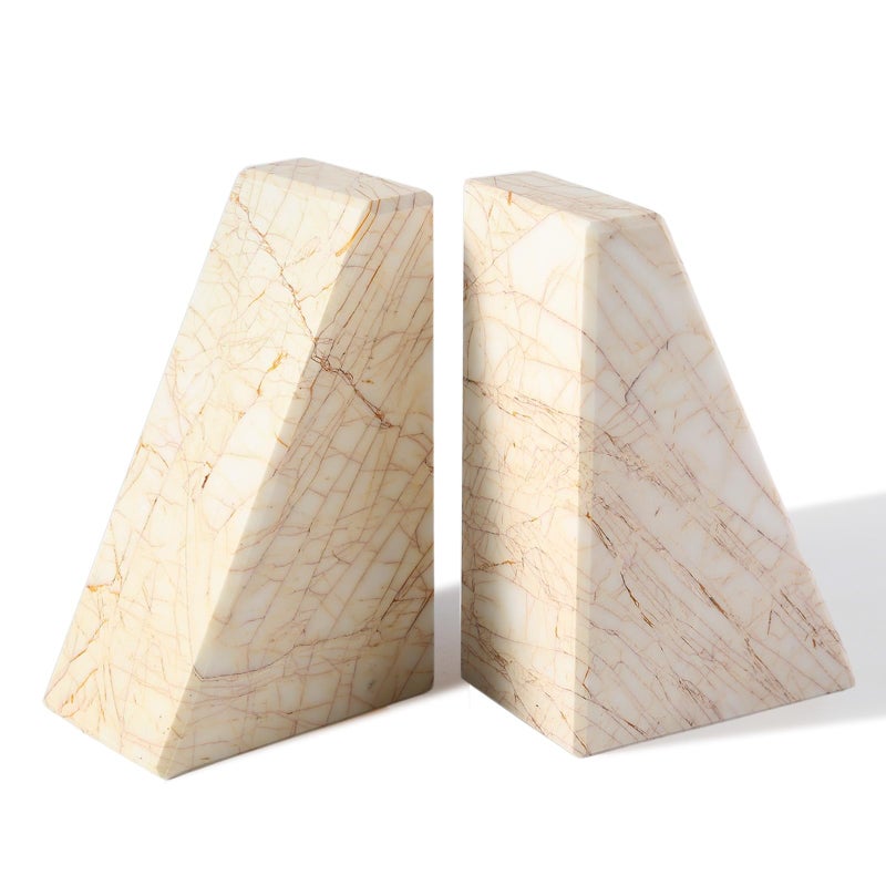 karibiber Marble Bookendsï¼ŒNatural Decorative Bookend for Shelves, Non-Skid Book End for Heavy Books, Idea Book Stoppers & Holder for Desk Bookshelf Decor, Modern Home Decor Cream Color Book Ends, Set of 2 - Image 1