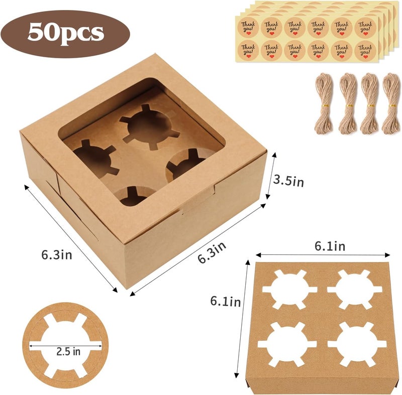 تومنك صناديق كب كيك من ، عدد 50 قطعة، مزودة بنافذة؛ حجم الصندوق: 6.3×6.3×3 بوصة؛ عبوات بنية مناسبة للمخبوزات والحلويات، تحتوي على شوكولاتة وفراولة؛ تأتي مع ملصقات وخيوط من الجوت. - Image 2