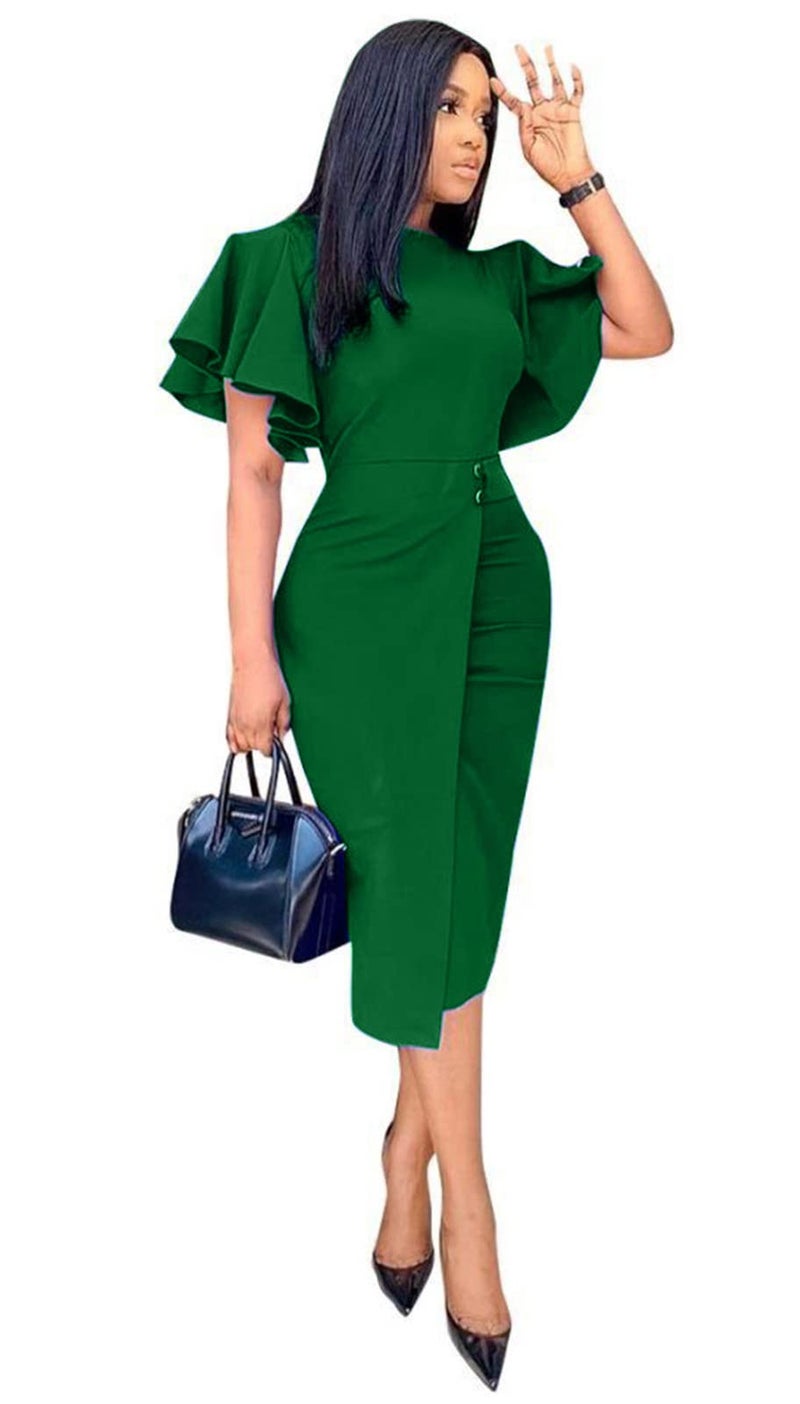 Ekaliy Women's Ruffle Sleeve Vintage Bodycon Peplum Business Formal Work Pencil Dress XXL Dark Green - Image 1