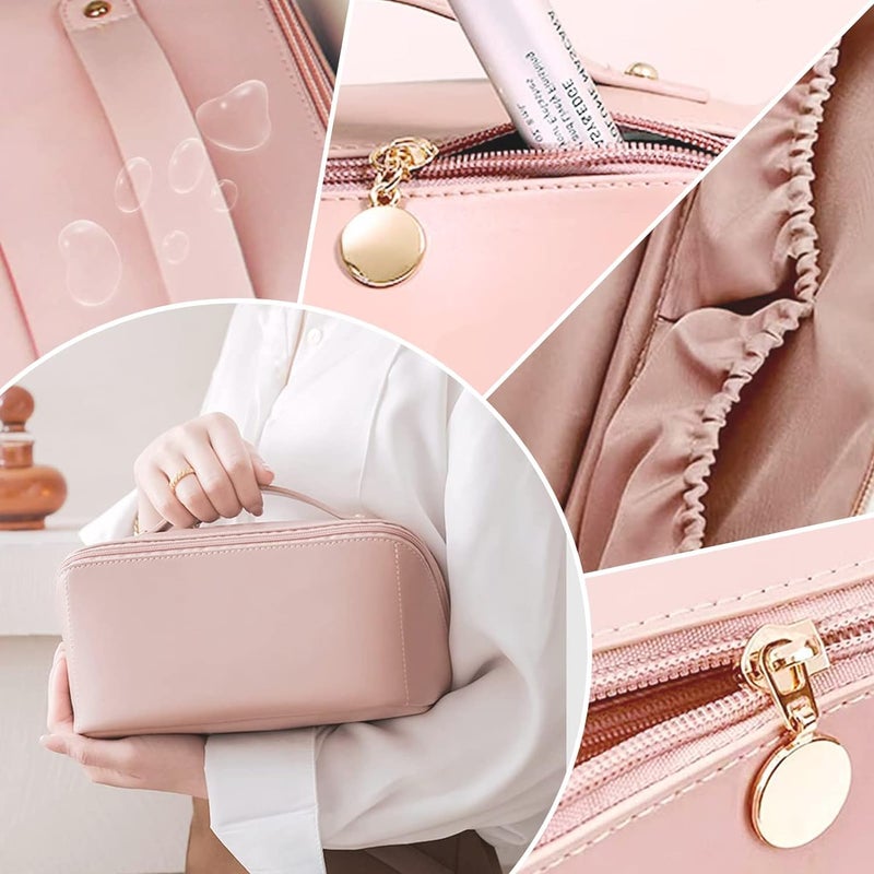 Stodern Multifunctional Travel Makeup Bag Large Capacity Cosmetic Organizer with Handle Divider Waterproof Leather Toiletry Bag for Women Easy Access Storage Pink - Image 3