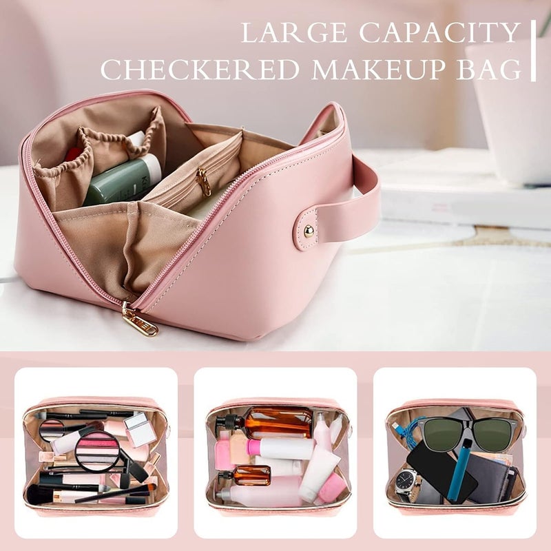 Stodern Multifunctional Travel Makeup Bag Large Capacity Cosmetic Organizer with Handle Divider Waterproof Leather Toiletry Bag for Women Easy Access Storage Pink - Image 2