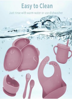 PURADAY Silicone Baby Feeding Set, 8 Pcs Baby Led Weaning Supplies with Rabbit Suction Plates, Toddler Bowls Forks and Spoons Bib Cup Pink  - Image 2