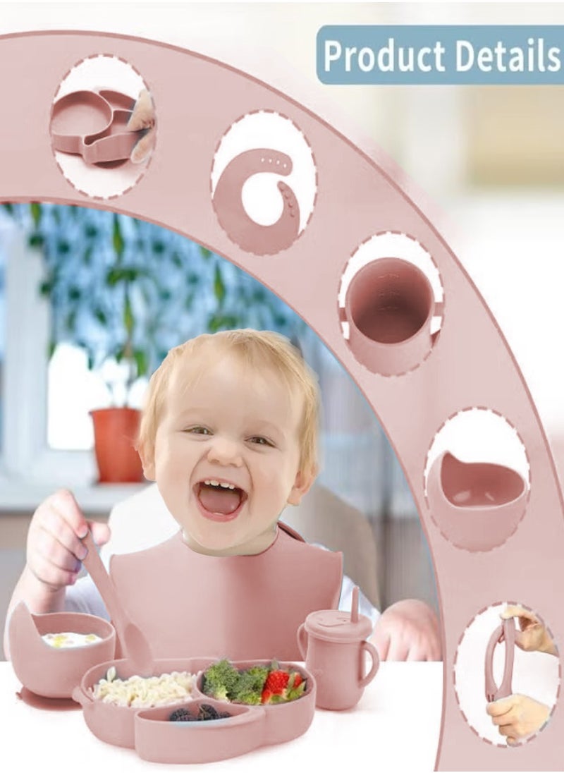 PURADAY Silicone Baby Feeding Set, 8 Pcs Baby Led Weaning Supplies with Rabbit Suction Plates, Toddler Bowls Forks and Spoons Bib Cup Pink  - Image 3