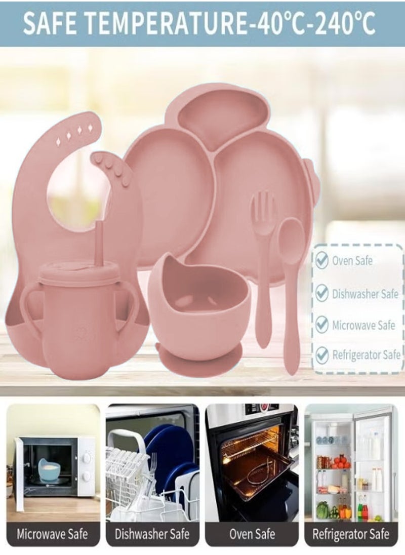 PURADAY Silicone Baby Feeding Set, 8 Pcs Baby Led Weaning Supplies with Rabbit Suction Plates, Toddler Bowls Forks and Spoons Bib Cup Pink  - Image 4