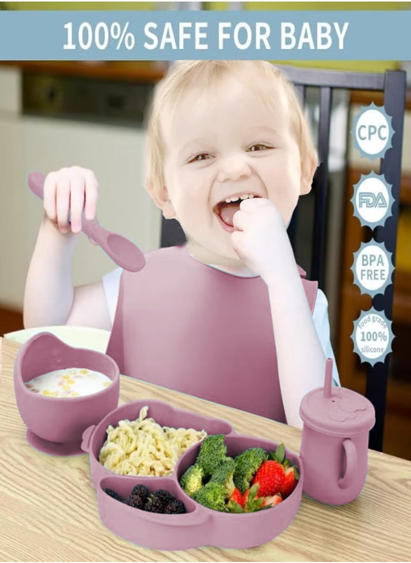 PURADAY Silicone Baby Feeding Set, 8 Pcs Baby Led Weaning Supplies with Rabbit Suction Plates, Toddler Bowls Forks and Spoons Bib Cup Pink  - Image 5
