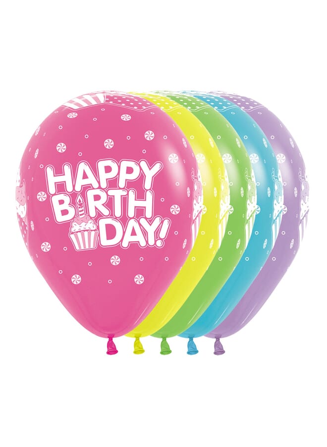 Party Time 30Cm 12 Piece All Over Happy Birthday Cup Cakes Balloons Assorted 12Inch - Image 2