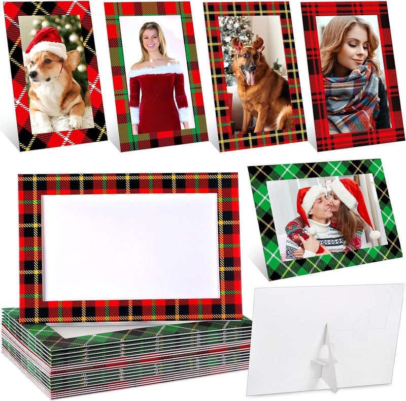 Qunclay 50 Pcs Christmas Plaid Picture Frame Ornaments 4x6 Paper Photo Frames Bulk with Stand Red Green Photo Frame Ornament Cardboard Tabletop Picture Frames for DIY Crafts Xmas Tree Hanging Decor - Image 1