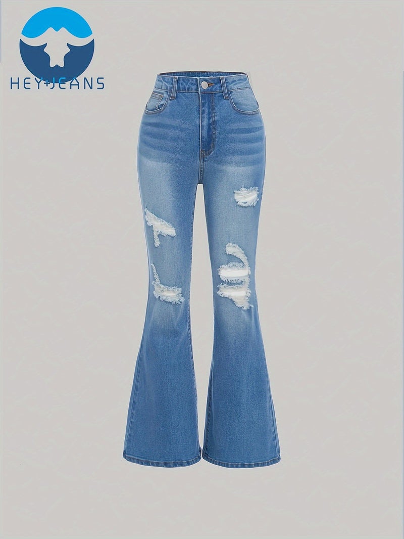 Exclusive Supply For And Teenage Girls' Ripped Stretch Flared Jeans Trendy High-Waisted - Image 1