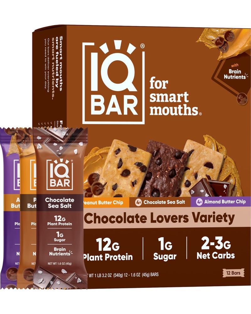IQBAR Brain and Body Plant Protein Bars - Chocolate Lovers Variety - 12-Count Low Carb - Gluten Free, High Fiber, Vegan Snacks - Low Sugar Meal Replacement - Image 1