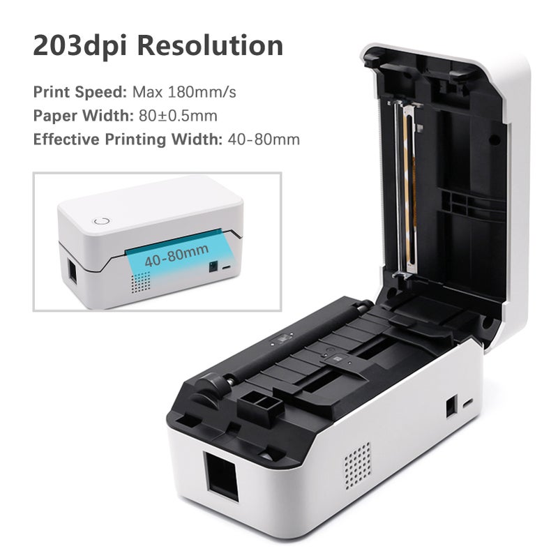 طابعة ملصقات الشحن USB بقطر 80 مم مع مقص ذاتي الطباعة الحرارية المباشرة على سطح المكتب، يتوصل عبر سلك ويدعم الشريطات الباركود أحادي البعد وثنائي البعد للملصقات الشحن، الأعمال، مطبخ المطعم، السوبر ماركت، الأعمال المنزلية والتجزئة - Image 3