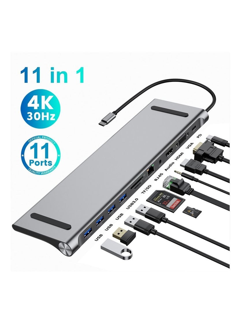 Generic - USB Type-C 11-in-1 Dock, C Hub for Macbook Pro, Macbook Docking Station USB C, Aluminum C Hub with Gigabit Ethernet, HDMI, VGA, Audio Mic Port, SD/TF Card Reader - Image 1