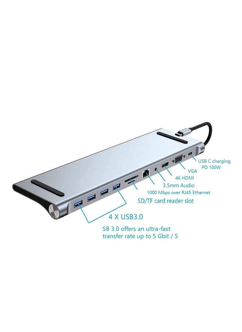 Generic - USB Type-C 11-in-1 Dock, C Hub for Macbook Pro, Macbook Docking Station USB C, Aluminum C Hub with Gigabit Ethernet, HDMI, VGA, Audio Mic Port, SD/TF Card Reader - Image 1
