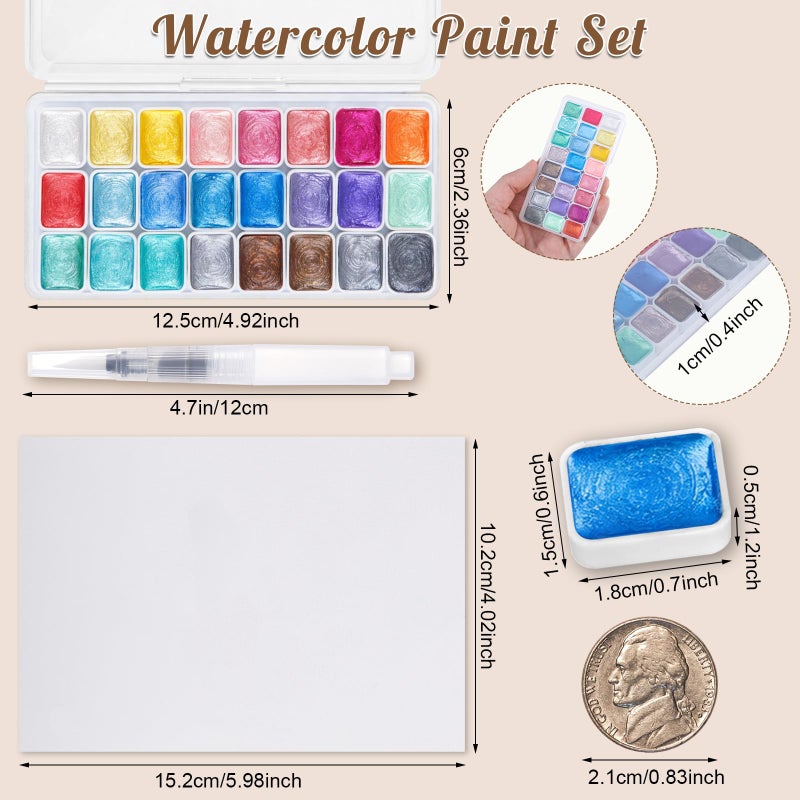 Prudiut Mini Metallic Watercolor Paint Set, 24 Colors Glitter Watercolor Paint with Watercolor Paper Brush, Artists' Collectible Editions Easter Gifts for Beginner Artists Adults Aged 14+ - Image 2