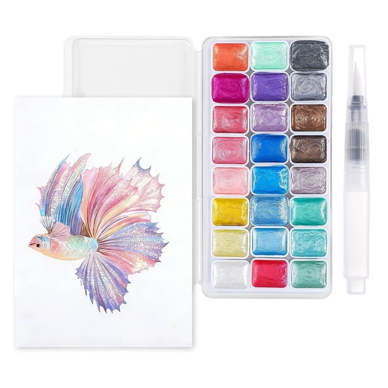Prudiut Mini Metallic Watercolor Paint Set, 24 Colors Glitter Watercolor Paint with Watercolor Paper Brush, Artists' Collectible Editions Easter Gifts for Beginner Artists Adults Aged 14+ - Image 1