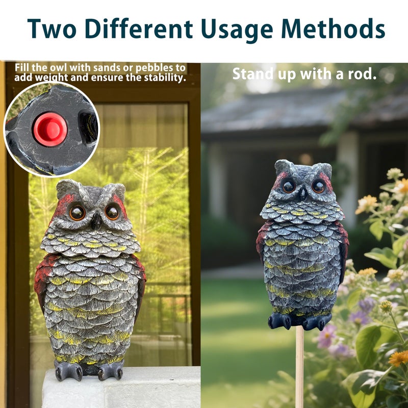 FESTGLOX Owls to Keep Birds Away, Solar Owl Decoys to Scare Birds Away, Small Fake Owl for Bird Control, Resin Owls Outdoor Decor with Rotating Head and Lighted Eyes, Animal Deterrent for Outside, Garden - Image 3