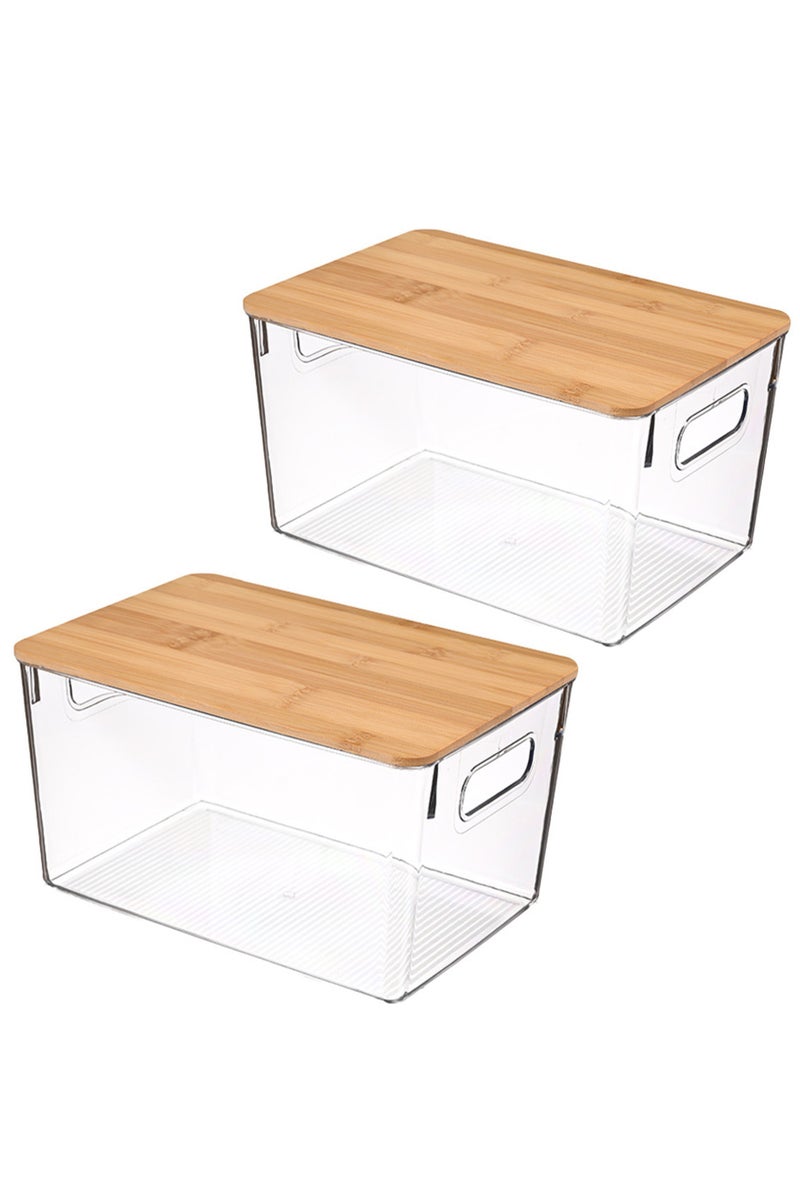 2 Set Clear Stackable Storage Boxes with Handles and Bamboo Wood Lid, Pantry Organizer Bins, 26x17.5x16 CM, for Kitchen, Pantry, Countertops, Cabinets, Freezer, Bedrooms, Bathrooms - Image 1