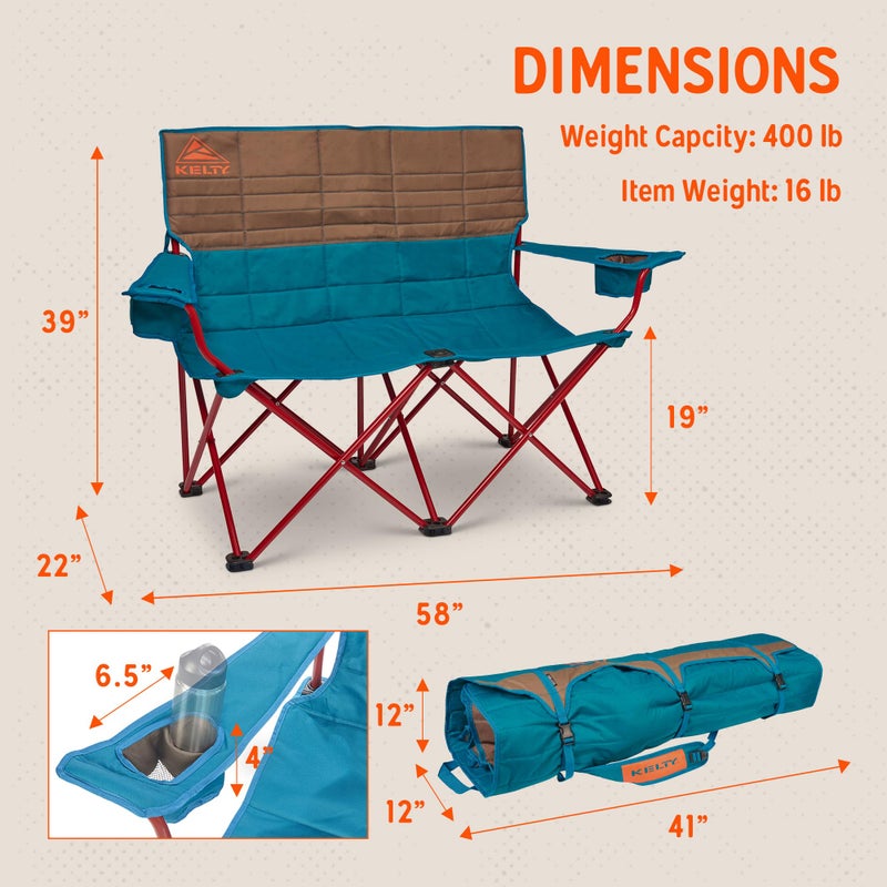 Kelty Loveseat Oversized 2-Person Heavy Duty Folding Camp Chair, Double Seat for Soccer Games, Tailgating, Beach Days (Regular Height/Deep Lake) - Image 2