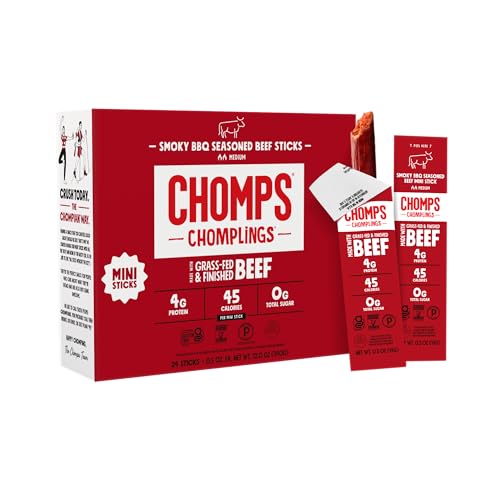 Chomps Snack Size GrassFed and Finished Smoky BBQ Beef Jerky Snack Sticks 05oz 24Pack  Keto Paleo Whole30 4g Lean Meat Protein GlutenFree Zero Sugar Food NonGMO Chomplings - Image 1