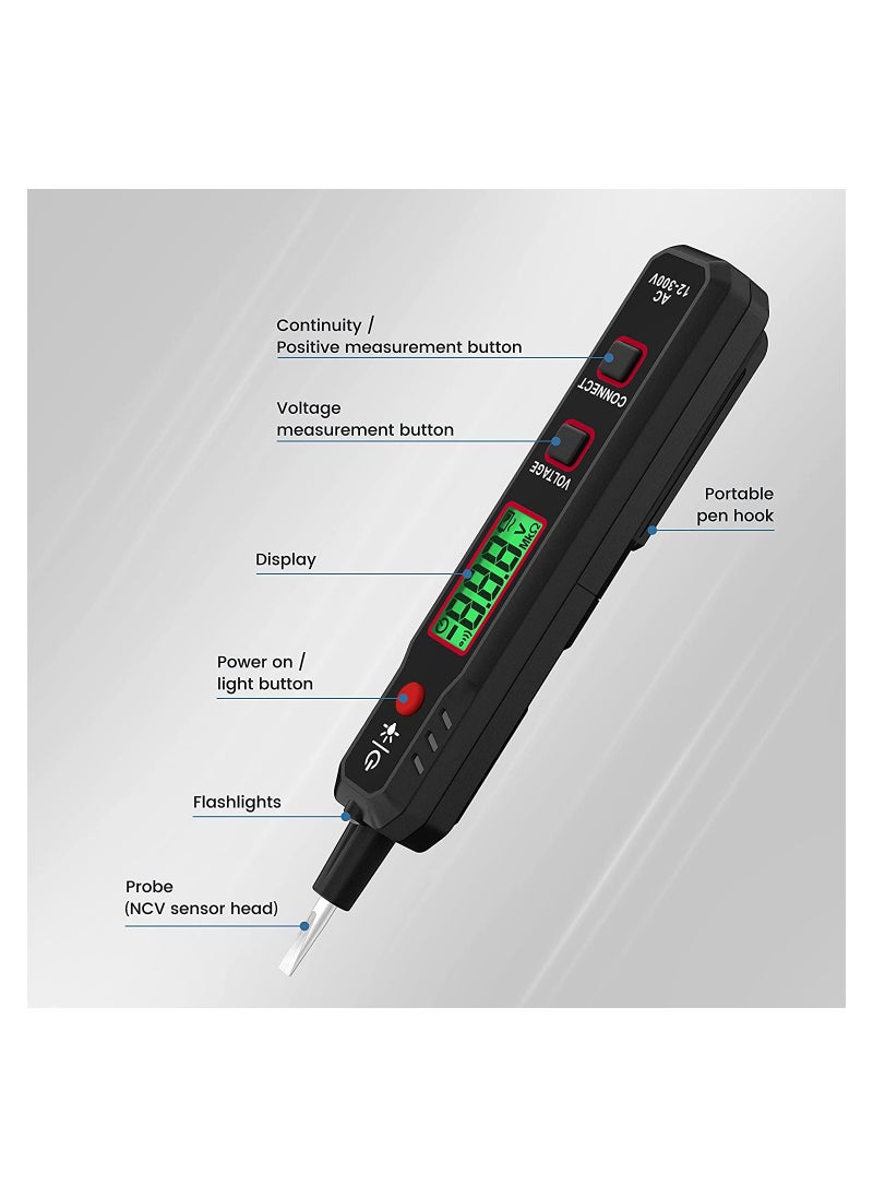 KASTWAVE - جهاز اختبار الفولتية SYOSI، 12V-300V قلم فولتية غير تلامسي وتلامسي مع NCV، جهاز اختبار كهربائي للكشف عن الأسلاك مع شاشة LCD جرس إنذار للكشف عن انقطاع الأسلاك - Image 1