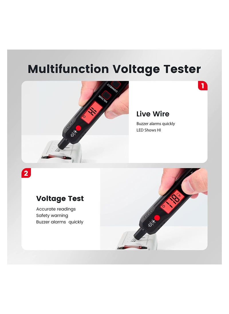 KASTWAVE - جهاز اختبار الفولتية SYOSI، 12V-300V قلم فولتية غير تلامسي وتلامسي مع NCV، جهاز اختبار كهربائي للكشف عن الأسلاك مع شاشة LCD جرس إنذار للكشف عن انقطاع الأسلاك - Image 1