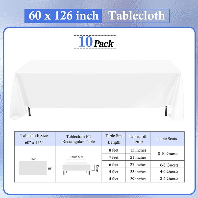 REWOMC 10 Pack White Tablecloths for 8ft Rectangle Tables 60 x 126 Inch - Polyester Table Cover Stain and Wrinkle Resistant Washable Fabric Table Clothes for Wedding Party Banquet Reception Restaurant - Image 2