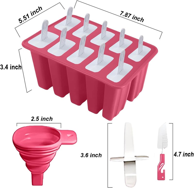 BRENSTEN Silicone Popsicle Molds 10 Pcs Ice Pop Maker Molds with 10 Reusable Sticks, Cleaning Brush and Funnel - Homemade Easy-Release Reusable Popsicle Moulds Shapes (Red) - Image 4