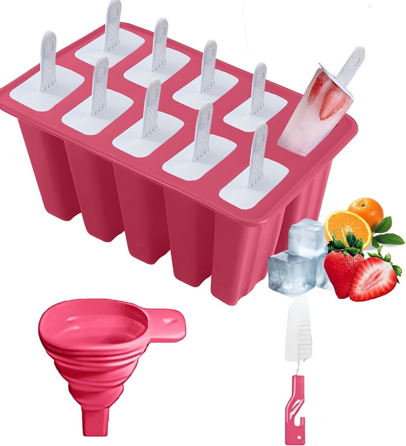 BRENSTEN Silicone Popsicle Molds 10 Pcs Ice Pop Maker Molds with 10 Reusable Sticks, Cleaning Brush and Funnel - Homemade Easy-Release Reusable Popsicle Moulds Shapes (Red) - Image 1