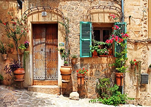 Loccor 9x6ft Fabric Italy Street Backdrop Tuscany Medieval Town Street Stone Wall Window Photography Background for Italian Theme Party Decorations Wedding Birthday Photo Booth Props - Image 1