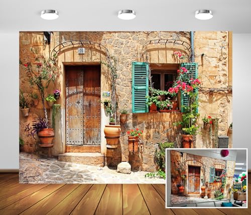 Loccor 9x6ft Fabric Italy Street Backdrop Tuscany Medieval Town Street Stone Wall Window Photography Background for Italian Theme Party Decorations Wedding Birthday Photo Booth Props - Image 3