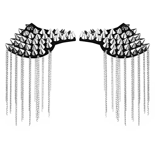 BESTOYARD Silver Epaulettes Rivet Tassel Epaulet Shoulder Spiky Boards - Vintage Halloween Cosplay Shoulder Epaulets Pads for Adult Gothic Party Costumes Accessories - Image 1