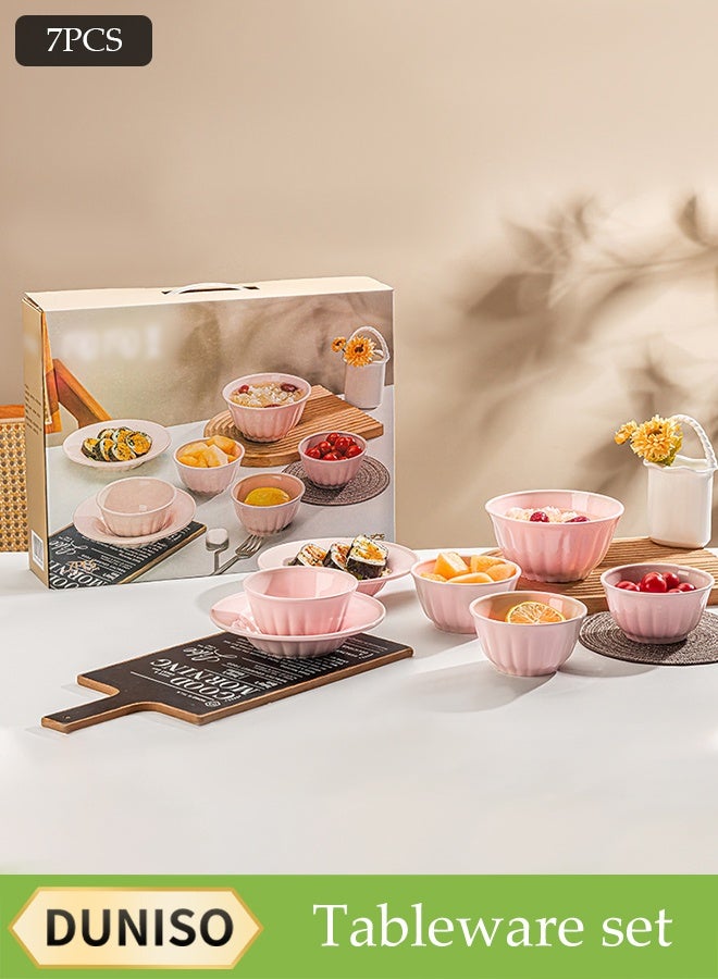 DUNISO طقم أطباق وأوعية سيراميك وردية مكون من 7 قطع، آمن للاستخدام في الميكروويف، طبق صلصة، وعاء صلصة غمس، وعاء تقديم، قابل للتكديس، مناسب للحلويات، المقبلات، الكاتشب، السلطة، السوشي، المعكرونة، الحساء، مجموعة أدوات المائدة الخزفية، أدوات مائدة خزفية - Image 1