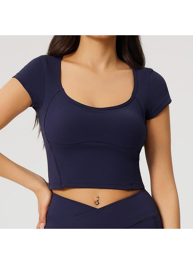European And American Style Yoga Tops For Women, Short-sleeved With Chest Pads, Running Training, Pilates Sports Short T-shirts, Slimming Fitness Wear