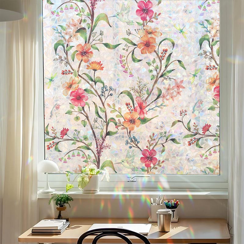 Bectosy Stained Glass Window Film Decorative for Glass, Bathroom Window Privacy Film Static Cling, Rainbow Window Cling UV Blocking Non-Adhesive for Home Office Door (Floral, 17.5" x 78.7") - Image 1