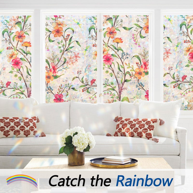 Bectosy Stained Glass Window Film Decorative for Glass, Bathroom Window Privacy Film Static Cling, Rainbow Window Cling UV Blocking Non-Adhesive for Home Office Door (Floral, 17.5" x 78.7") - Image 2