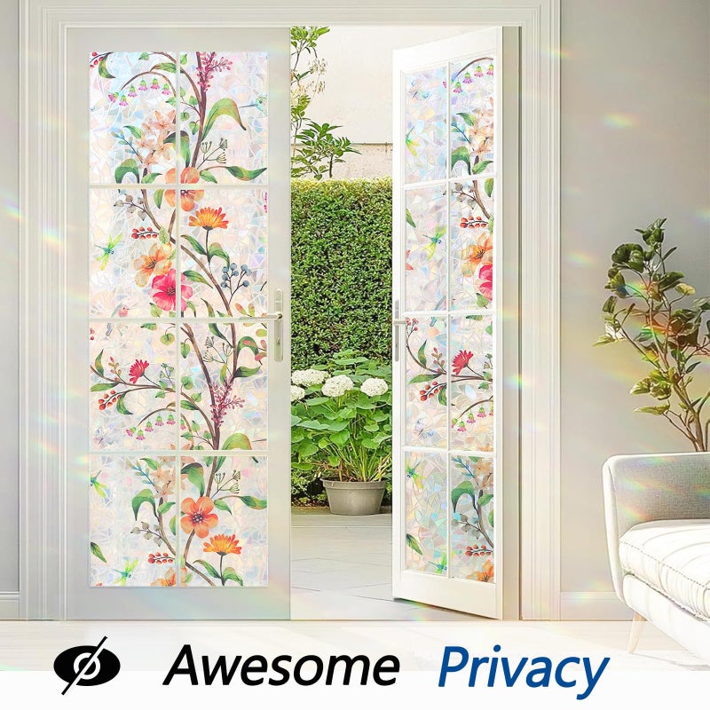 Bectosy Stained Glass Window Film Decorative for Glass, Bathroom Window Privacy Film Static Cling, Rainbow Window Cling UV Blocking Non-Adhesive for Home Office Door (Floral, 17.5" x 78.7") - Image 3