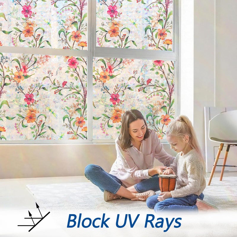 Bectosy Stained Glass Window Film Decorative for Glass, Bathroom Window Privacy Film Static Cling, Rainbow Window Cling UV Blocking Non-Adhesive for Home Office Door (Floral, 17.5" x 78.7") - Image 4