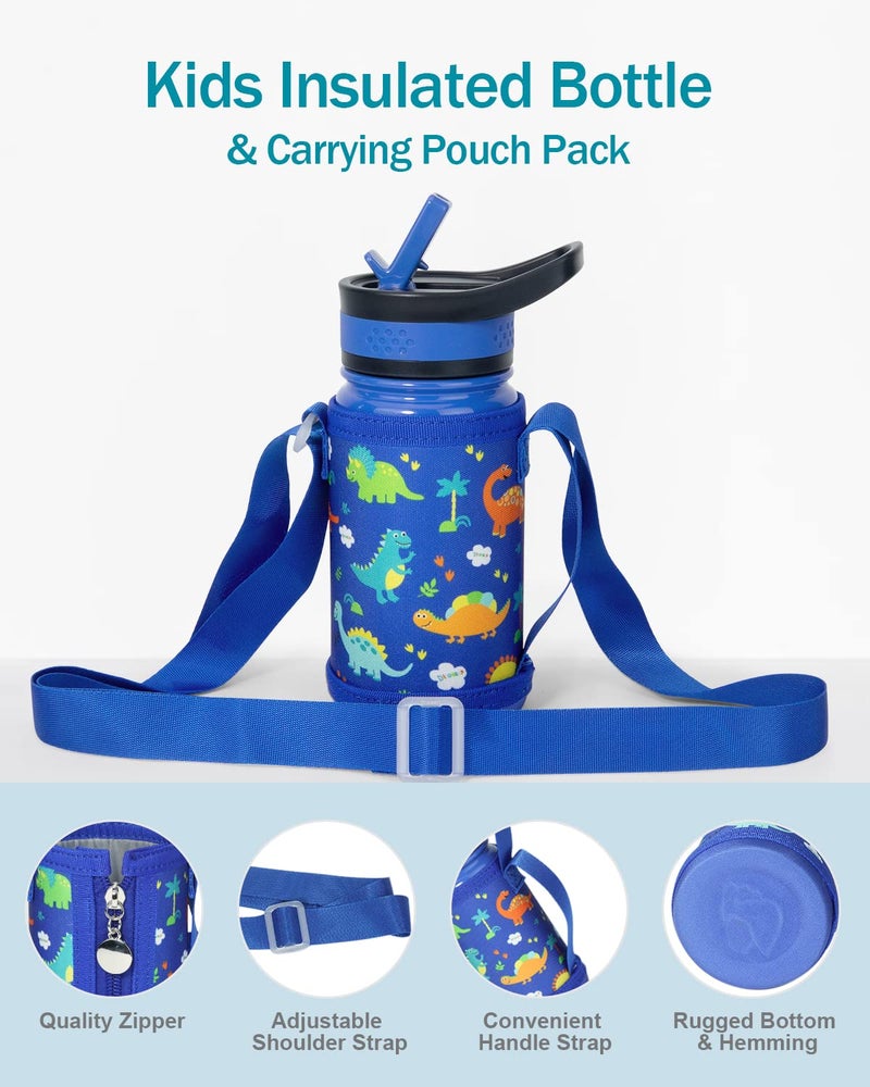 BUZIO Kids Water Bottle with 2 Tritan Straw Lids and a Carrying Pouch for shcool, 14oz Insulated Stainless Steel Toddler Tumbler, Leak Proof Cute Metal Water Bottle Boys Girls, Blue - Image 2