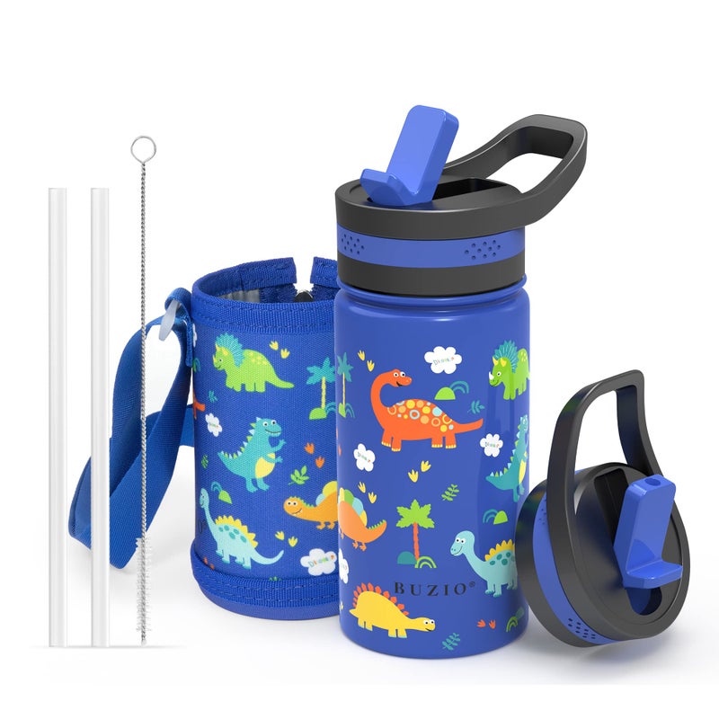 BUZIO Kids Water Bottle with 2 Tritan Straw Lids and a Carrying Pouch for shcool, 14oz Insulated Stainless Steel Toddler Tumbler, Leak Proof Cute Metal Water Bottle Boys Girls, Blue - Image 1