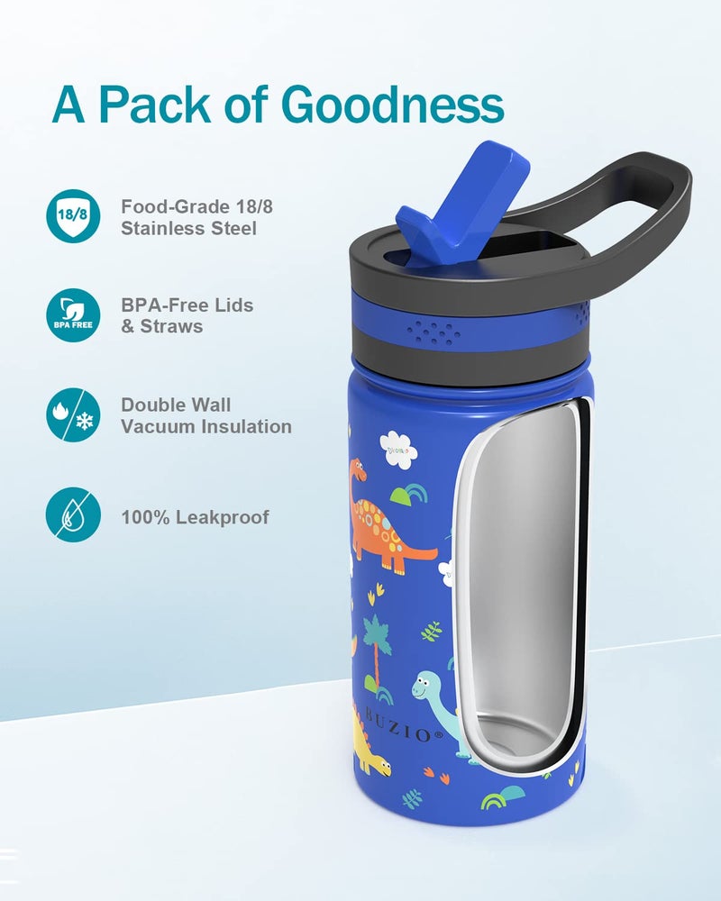 BUZIO Kids Water Bottle with 2 Tritan Straw Lids and a Carrying Pouch for shcool, 14oz Insulated Stainless Steel Toddler Tumbler, Leak Proof Cute Metal Water Bottle Boys Girls, Blue - Image 5