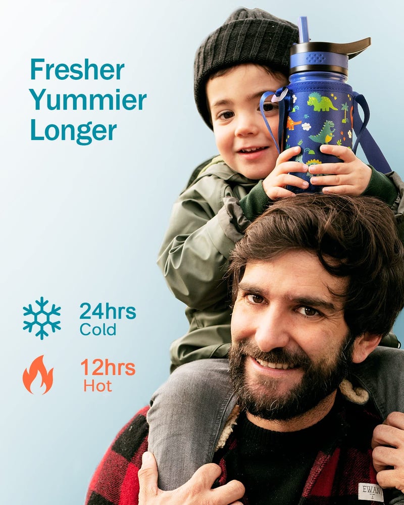 BUZIO Kids Water Bottle with 2 Tritan Straw Lids and a Carrying Pouch for shcool, 14oz Insulated Stainless Steel Toddler Tumbler, Leak Proof Cute Metal Water Bottle Boys Girls, Blue - Image 3