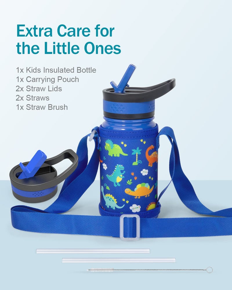 BUZIO Kids Water Bottle with 2 Tritan Straw Lids and a Carrying Pouch for shcool, 14oz Insulated Stainless Steel Toddler Tumbler, Leak Proof Cute Metal Water Bottle Boys Girls, Blue - Image 4
