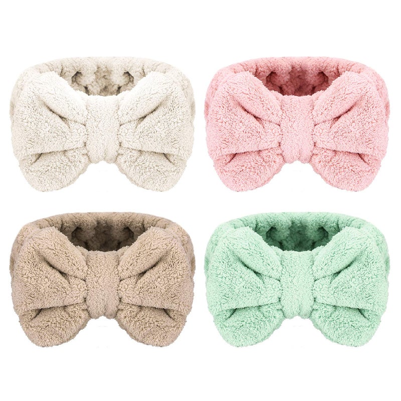 Senkary 4 Pack Bow Makeup Headband Microfiber Spa Headbands Towel Headband Soft Puffy Washing Face Headband for Women Girls Shower Bath Skincare Light Pink White Green Brown