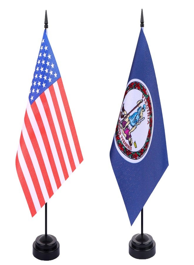 WXTWK 2 Pack USA Virginia Flag Virginia State Desk Flag Set - Mini Small Virginia Table Office Flags with Black 12" Solid Pole Stand Base Classroom Meeting Desktop Decorations - Image 1