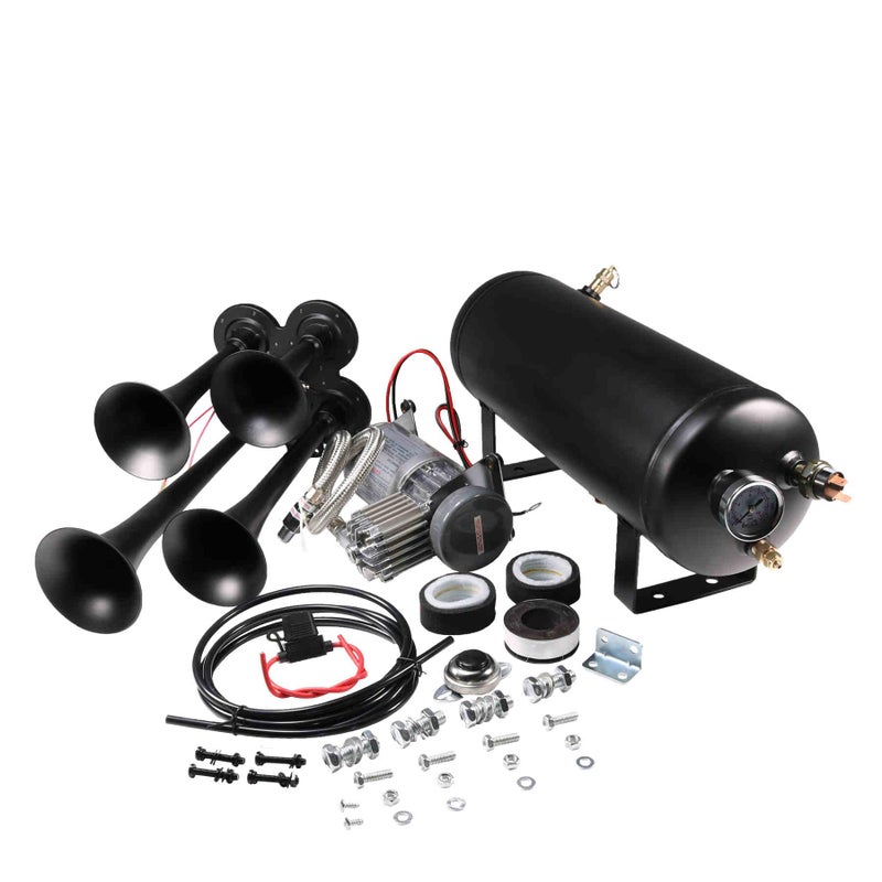 LDMINDA 12V 4 Trumpets Train Horn Kit 150psi Complete Onboard System 150psi Air Compressor 1.5 Gallon Air Tank 4 Trumpets Fits Any Vehicle Truck Car Semi Pickup Replacement for Jeep RV SUV Super Loud dB - Image 5